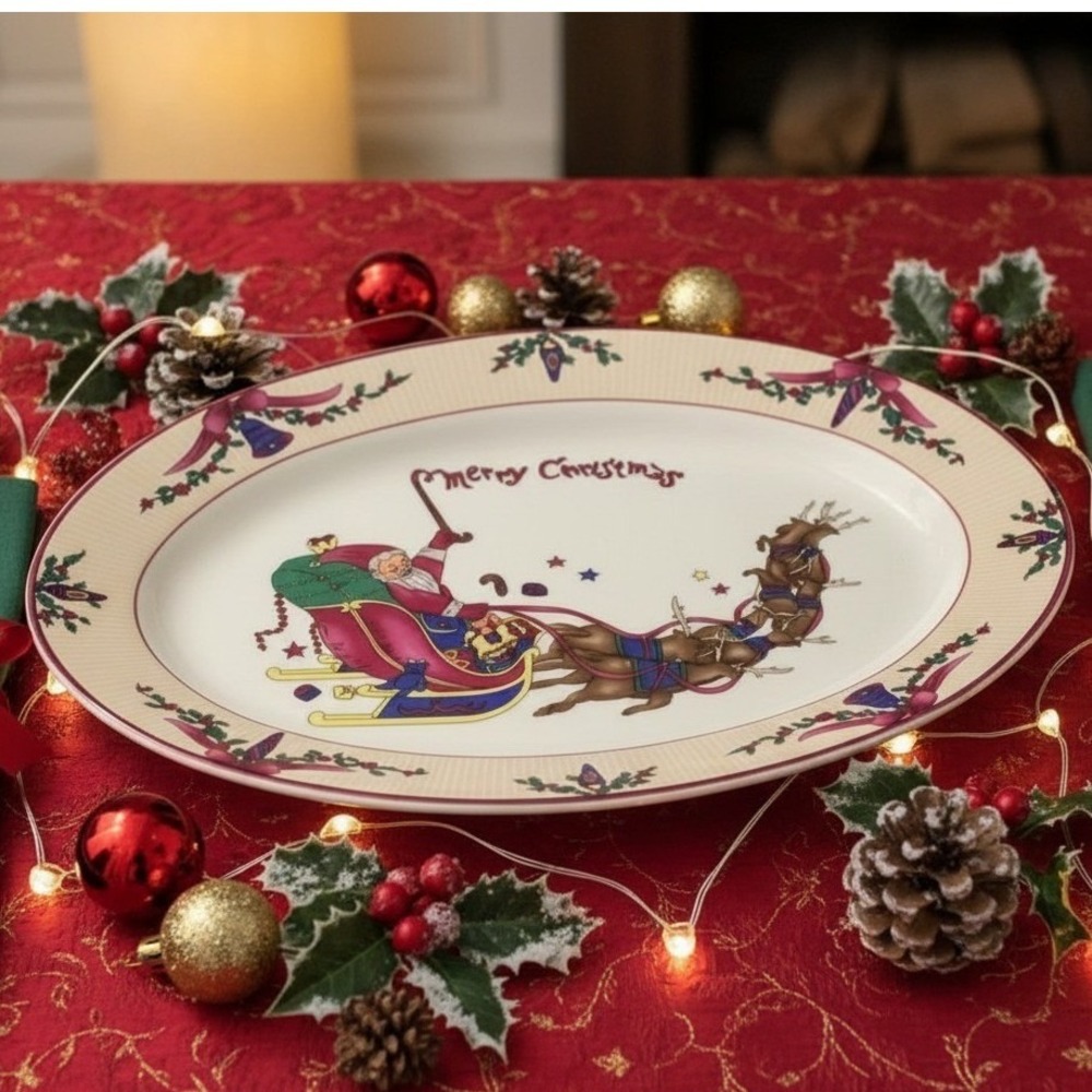 GEI "Merry Christmas" Oval Platter, Santa Riding In Sleigh &‎ Reindeer, Vtg Tray